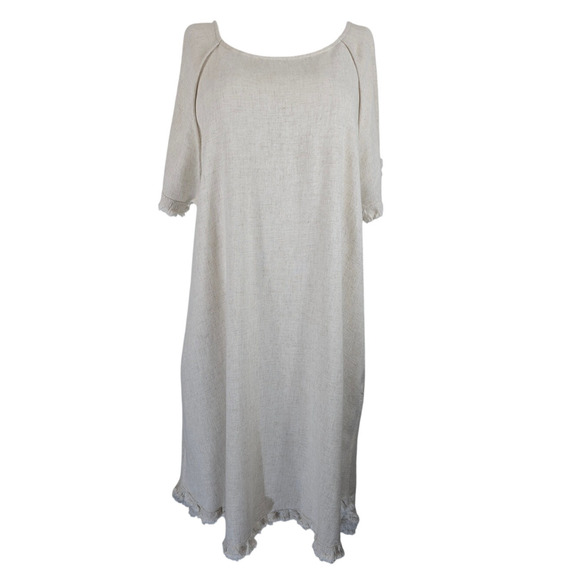 Umgee Beige High Low Fringed Hem Linen Blend Lagenlook Pockets Women's Dress L - Picture 1 of 6